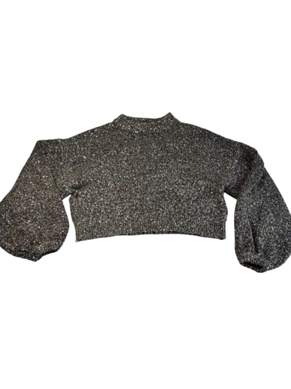Zara Knit Sequin Cropped Balloon Sleeve Mock Neck Sweater‎ Size Small